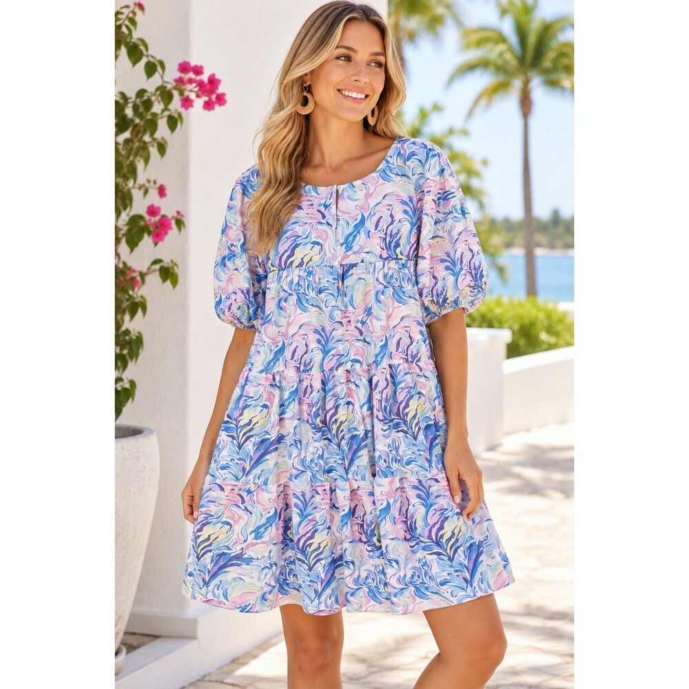 NWT Simply Southern Tiered Dress Women’s XL Pastel Swirl Print Puff Sleeve